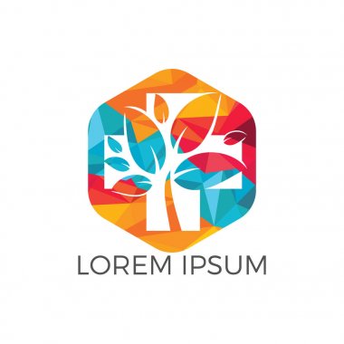 Vektör logo kavramı çizim tıbbi çapraz ve yeşil yapraklar. Doğal sağlık Logo, doğal tedavi Logo.