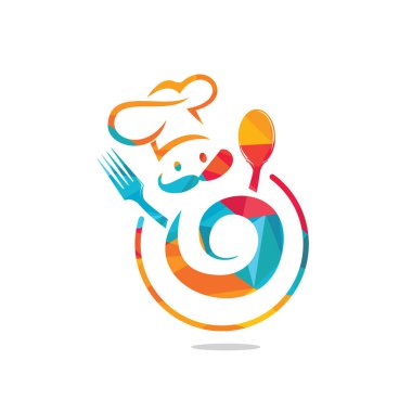 Gıda ve Restoran 'ın logo şablonu. Usta şef yaratıcı sembol konsepti. Yemek yüzü, bıyık ve şapka..