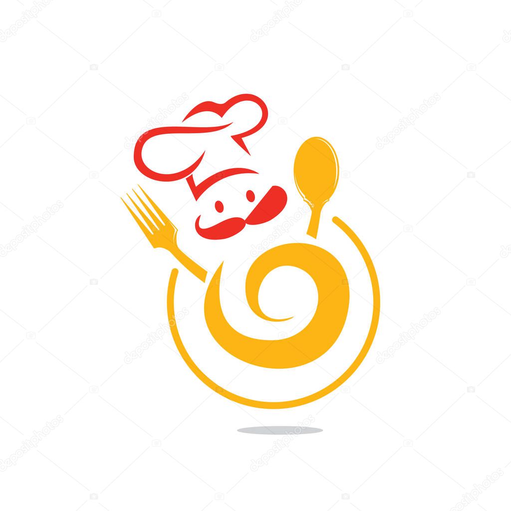 Logo template for Food and Restaurant. Master chef creative symbol concept. Cook face, mustache and hat.