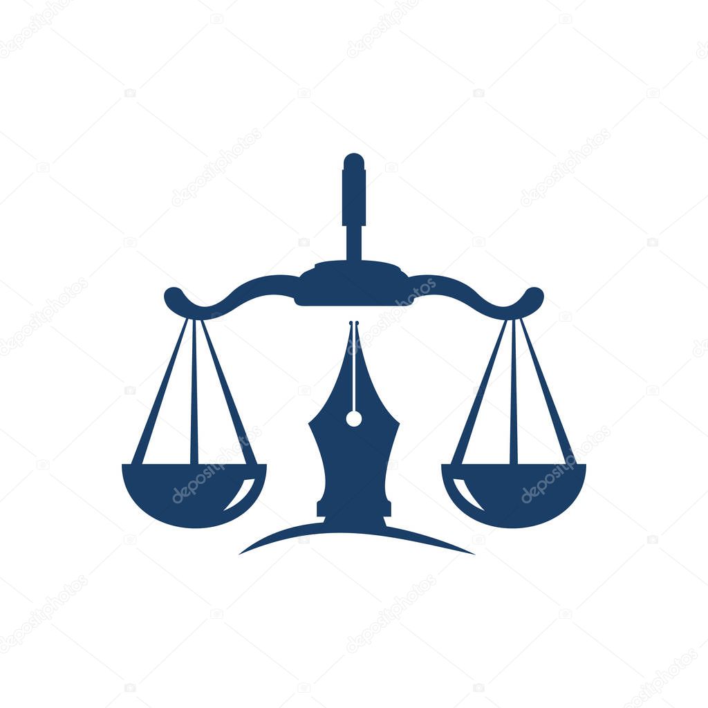 Law logo vector with judicial balance symbolic of justice scale in a pen nib. Logo vector for law, court, justice services and firms.