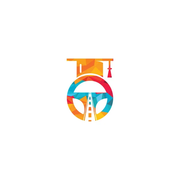Driving School Logo Design Steering Wheel Road Graduation Cap Icon — Stock Vector