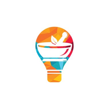 Yaratıcı ampul eczane tıbbi logo tasarımı. Doğal havan topu ve tokmak logoti, ilaç bitkisel illüstrasyon sembolü vektör tasarımı.
