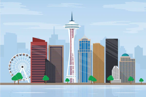 Seattle Şehir Manzarası Illüstrasyon — Stok Vektör
