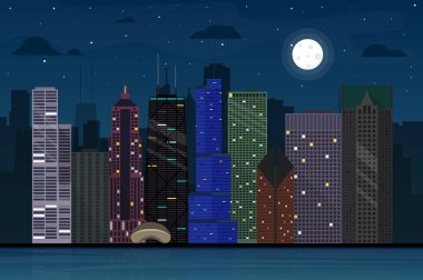 Chicago şehir manzarası illüstrasyon üzerinde parlak ay