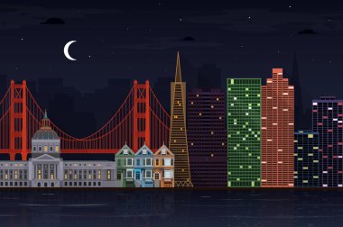 San Francisco manzarası illüstrasyon gece görünümü