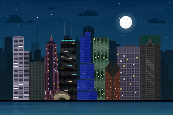 Lua Brilhando Brilhantemente Sobre Chicago Cidade Skyline Ilustração —  Vetores de Stock