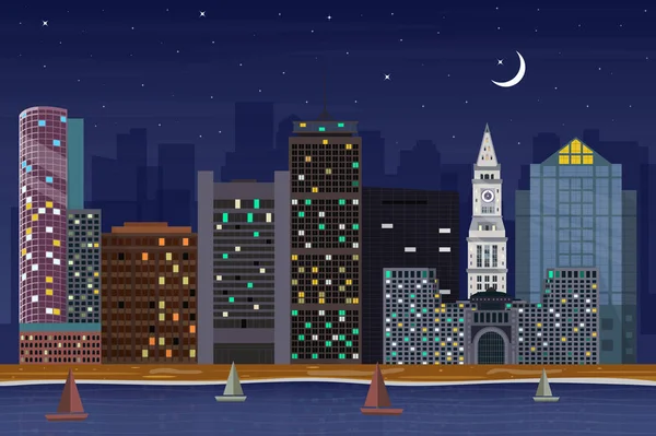 Hvězdné Noci Ilustrace Bostonské Panorama — Stockový vektor
