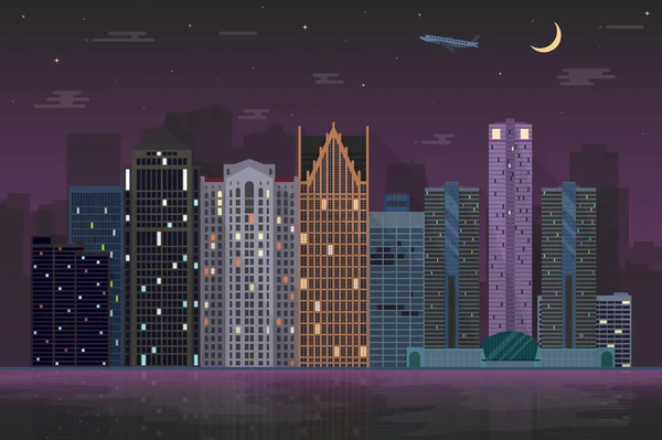 デトロイト ミシガン州のスカイラインの図の夜景の時間 — ストックベクタ