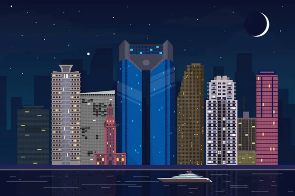 Vista Noturna Miami Florida Skylines Cidade Ilustração —  Vetores de Stock