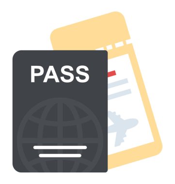 Bir pasaport ile uluslararası seyahat, düz simgesi için bilet