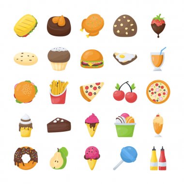Düz Icons set yiyecek ve içecekler