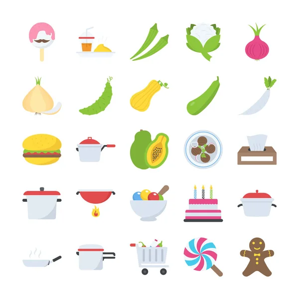 Design Plano Food Drinks Icons Collection — Vetor de Stock