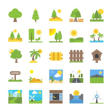 Manzara ve doğa düz vektör simgeler kümesi