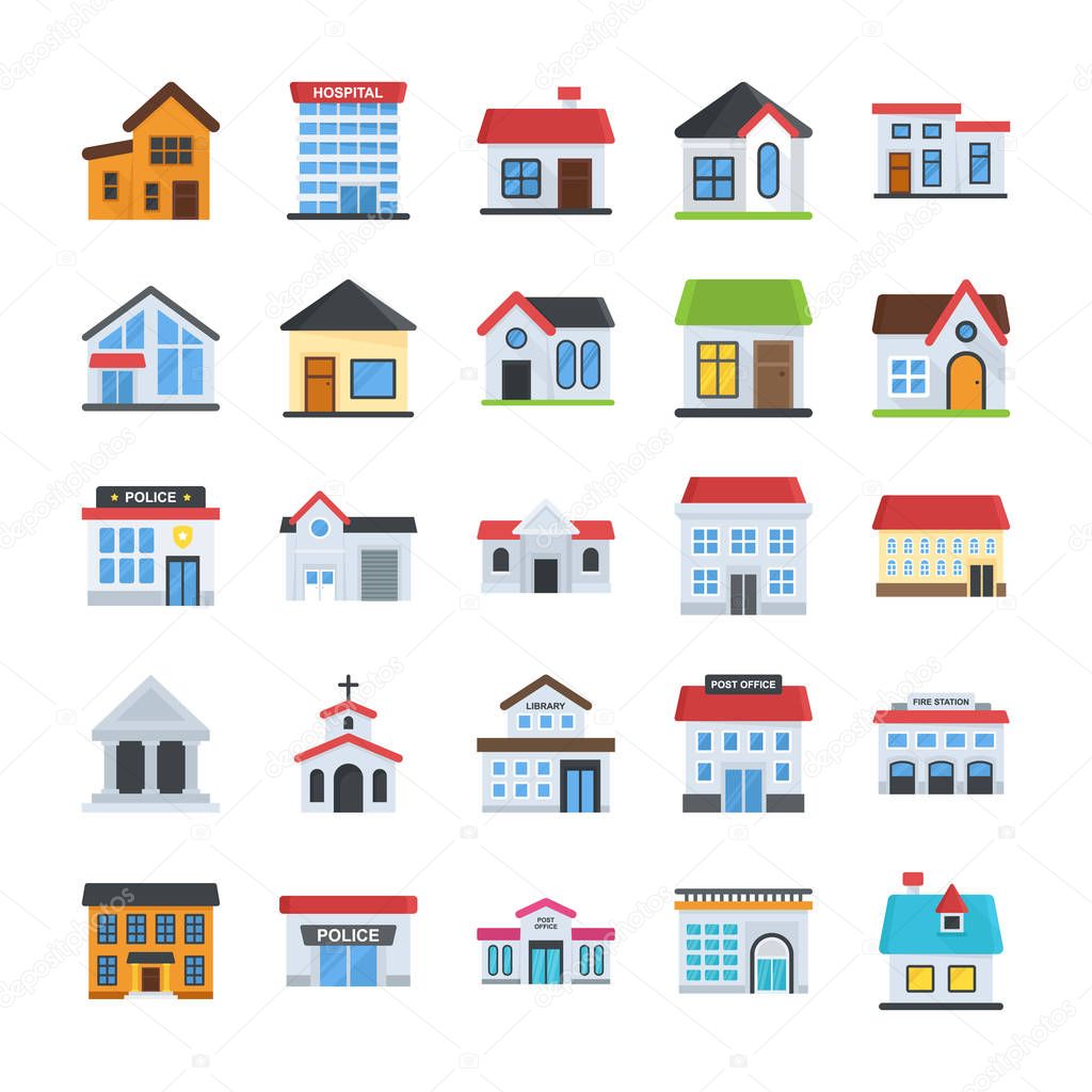 Buildings Flat Vector Icons 