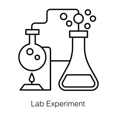 Kimyasal matara ısıtılmış beher ile tepkimeye giriyor. Laboratuvar deney simgesi satır dizaynı. 