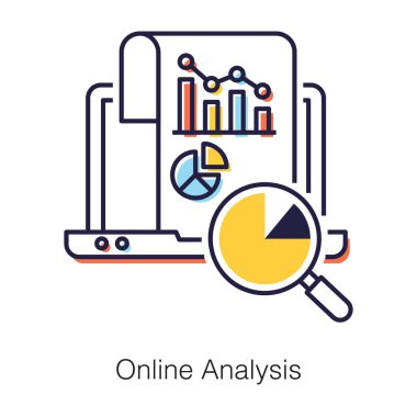 İstatistik diyagramı ve büyüteci olan bilgisayar teknolojisi, çevrimiçi analiz simgesi 