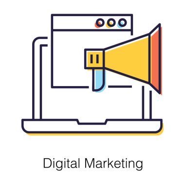 Dijital pazarlama, dizüstü bilgisayarın içindeki düz dizayn megafonu.