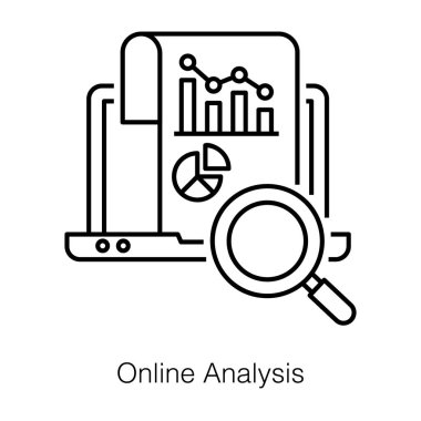 İstatistik diyagramı ve büyüteci olan bilgisayar teknolojisi, çevrimiçi analiz simgesi 