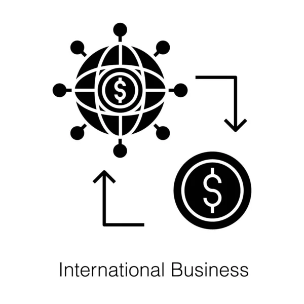 国際ビジネスの概念的アイコン ソリッドデザインのドルアイコンを持つ地球 — ストックベクタ