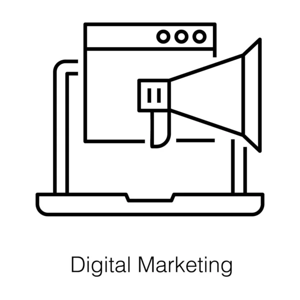 デジタルマーケティング ラインデザインのラップトップアイコン内ブルホーン — ストックベクタ
