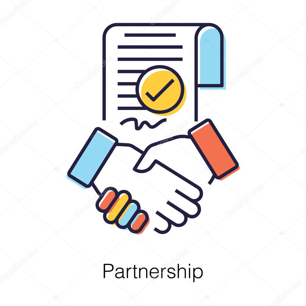 Two hands clasping each other in a pleasant manner, partnership icon in flat design.