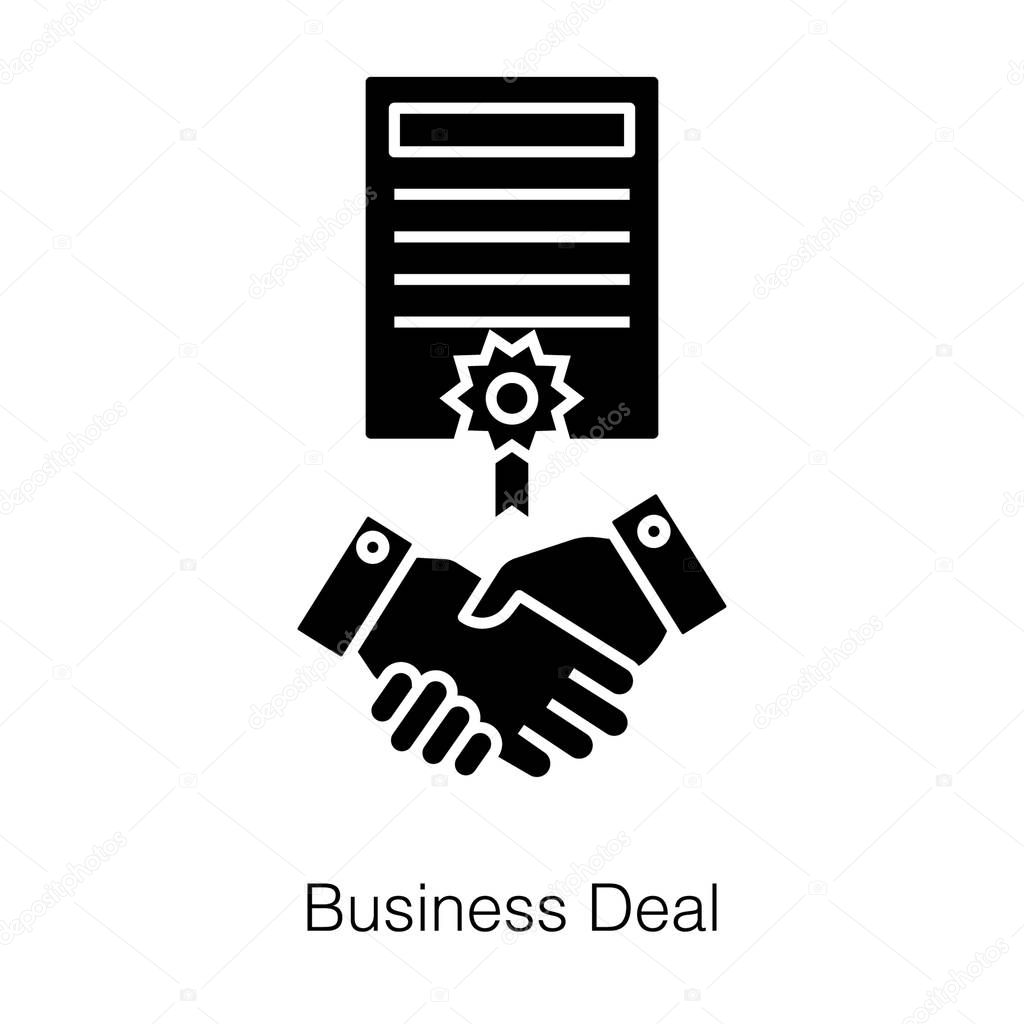 Two hands clasping each other in a pleasant manner, business deal icon in filled design.