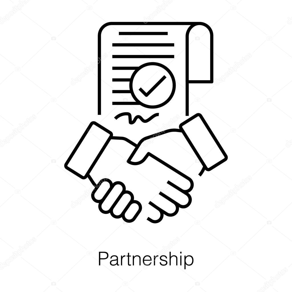 Two hands clasping each other in a pleasant manner, partnership icon in line design.