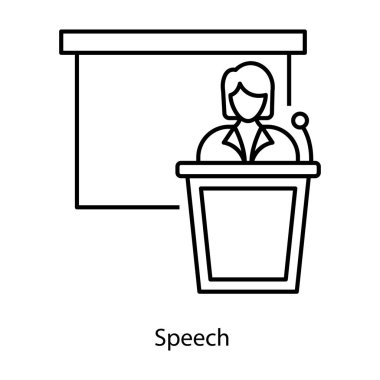 Podyumun önünde mikrofonlu bir adam, satır dizaynında konuşma simgesi.