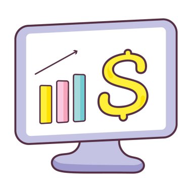 Monitördeki iş verileri, finansal analizler düz simge, veri bilgi grafiği 