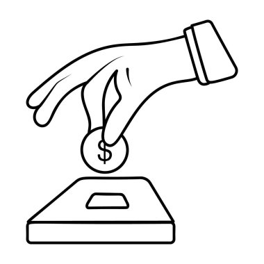 Para kutusuna para koyan adam bağışları sembolize ediyor, bağış toplama hattı düzenlenebilir vektörü 