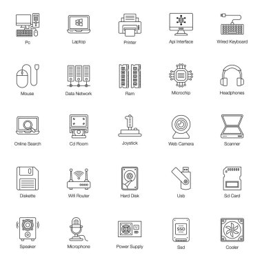 Bilgisayar donanım hattı simgeleri paketlendi. Teknolojik olarak yaratıcı ve düzenlenebilir bir paket getiriyoruz. İndirme linkine tıklayarak bu paketi yakala