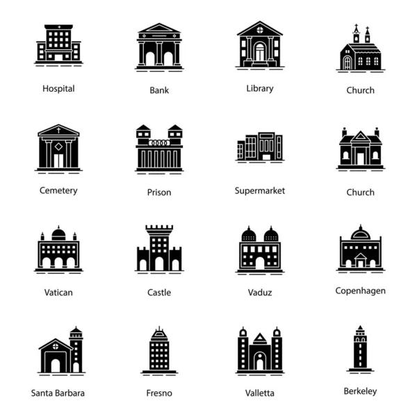 Los Iconos Del Glifo Interior Del Hogar Que Presentan Monumentos — Vector de stock