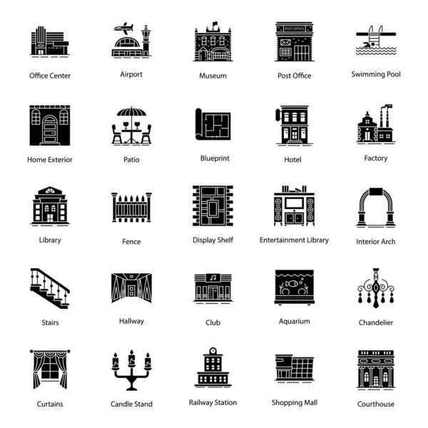 Home Interior Glyph Icone Che Presentano Monumenti Commemorativi Arredamento Domestico — Vettoriale Stock