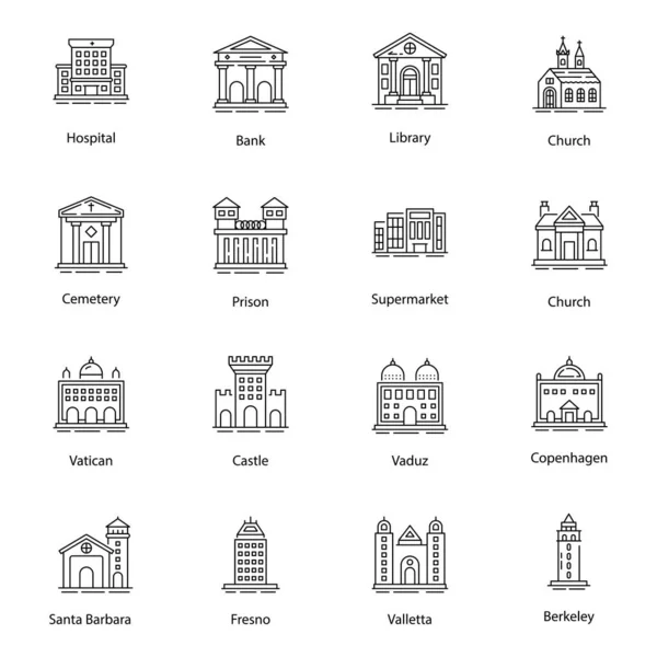 Los Iconos Línea Interior Del Hogar Que Presentan Monumentos Conmemorativos — Vector de stock