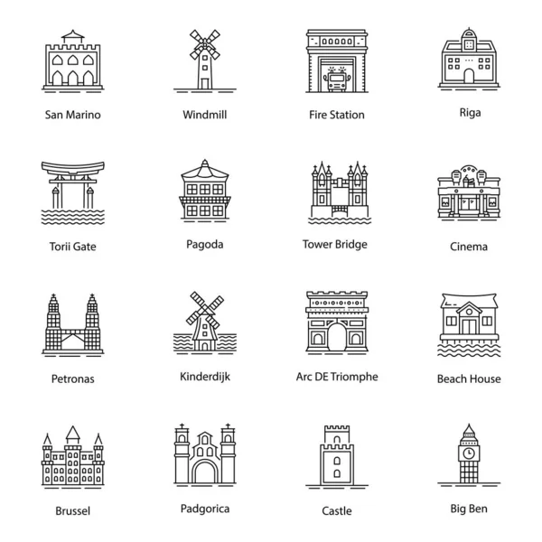 Los Iconos Línea Interior Del Hogar Que Presentan Monumentos Conmemorativos — Vector de stock