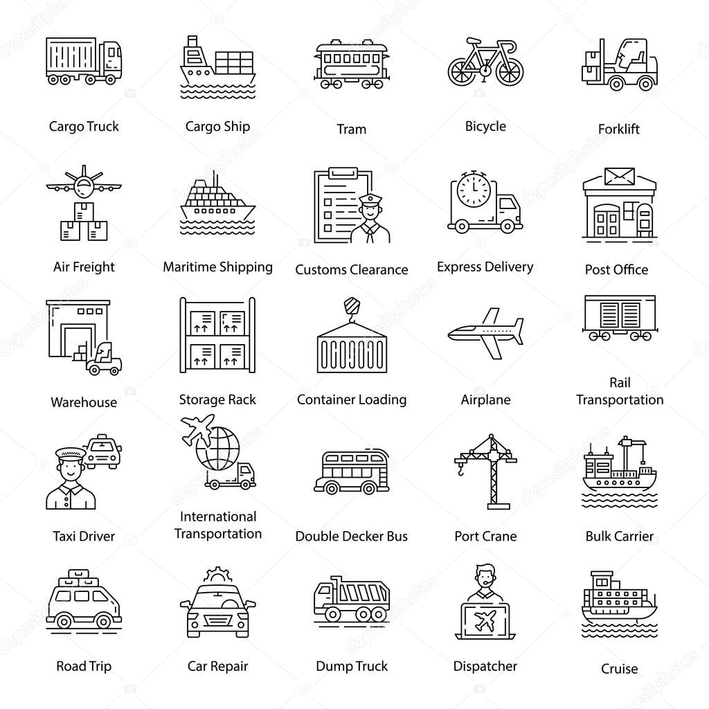 Delivery transport line icons pack having editable quality and cool designs which can be useful to your online automobile icons designs, grab this pack by clicking on the download link.