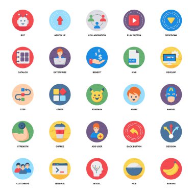 Burada düz renkli simgeler seti var. Renkli ve çekici koleksiyon bu sürüyü diğerlerinden farklı kılıyor. İndirme düğmesine tıklayın.