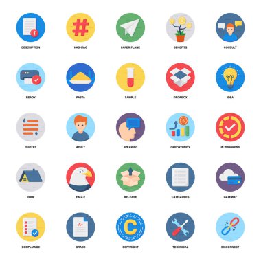 Burada düz renkli simgeler seti var. Renkli ve çekici koleksiyon bu sürüyü diğerlerinden farklı kılıyor. İndirme düğmesine tıklayın.