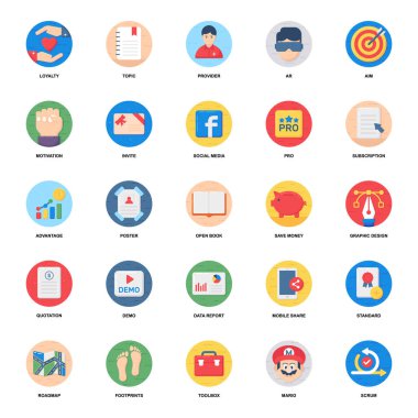 Burada düz renkli simgeler seti var. Renkli ve çekici koleksiyon bu sürüyü diğerlerinden farklı kılıyor. İndirme düğmesine tıklayın.