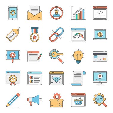 Seo web sitesi düz simgelerinin çok yönlü seti. Düzenlenebilir kalitede oluşturulmuş bu teknik simgeler kümesini, koleksiyonunuza eklemiş olmalısınız, indirme linkine tıklayarak indirmelisiniz.