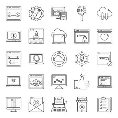 Seo web sitesi çizgisi simgelerinin çok yönlü kümesi. Düzenlenebilir kalitede oluşturulmuş bu teknik simgeler kümesini, koleksiyonunuza eklemeye ayarlamış olmalısınız, indirme linkine tıklayarak indirmelisiniz.