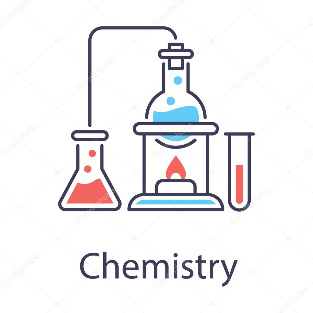 Chemical experiment with lab apparatus, chemistry icon in flat design  