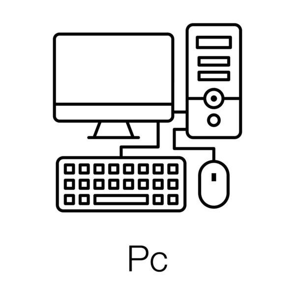 Sistema Computer Desktop Con Monitor Mouse Icona Linea Del Vettore — Vettoriale Stock