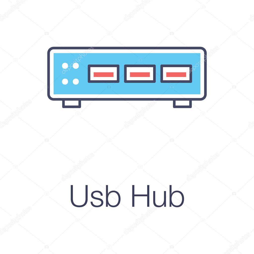 Usb hub icon, used for connections through hardware ports, flat vector design 