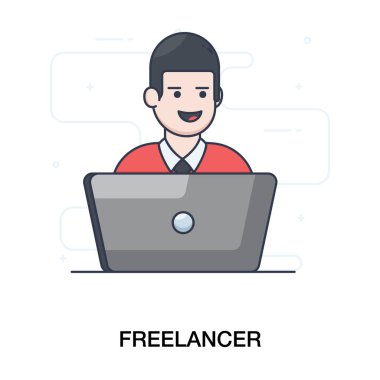 İş yerinde çalışan genç adam, serbest çalışan ya da bilgisayar kullanıcısı düz simgesi