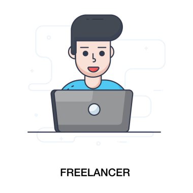 Bilgisayarın önündeki adam, online iş için en iyi serbest vektör. 