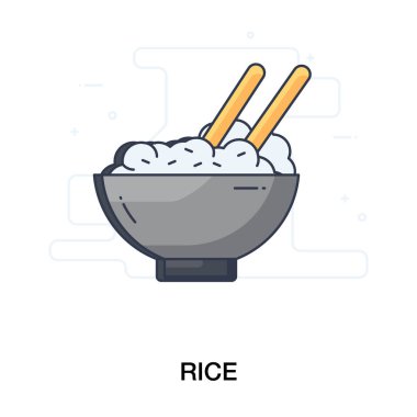 Japon mutfağı pirinç tabağı ikonu seti. Çubuklu bir kase pirinç, pirinç kasesi vektörü., 