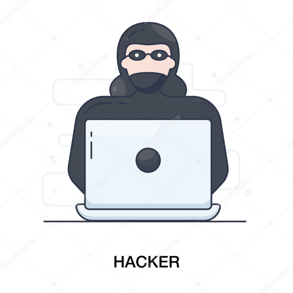 Spy agent searching on laptop, hacker vector.