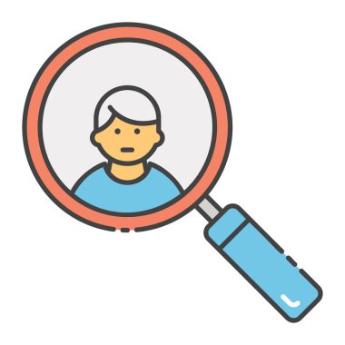 Büyüteç altında kişi tarafından düz bir simgede gösterilen bir işe alma süreci, uygun kişinin kaynak olarak bulunması fikri