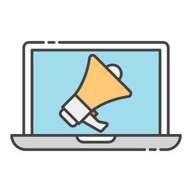 İş ilanı, online promosyon, bilgisayarın içindeki megafonla, dijital pazarlama dairesi simgesi